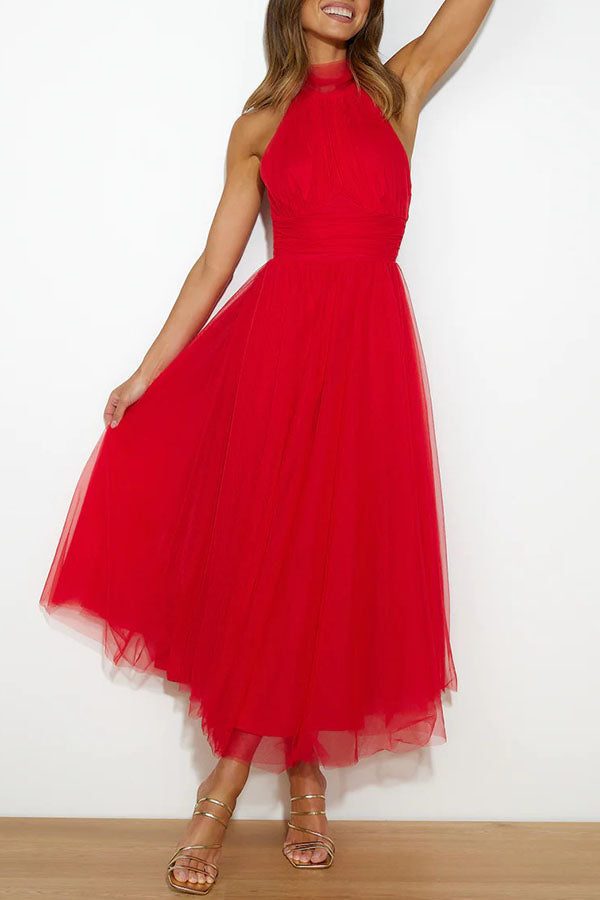 Halterneck Wedding Guest Tulle Maxi Dress for Women - Red
