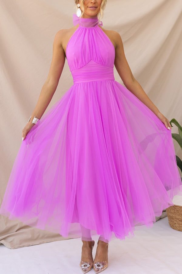 Halterneck Wedding Guest Tulle Maxi Dress for Women