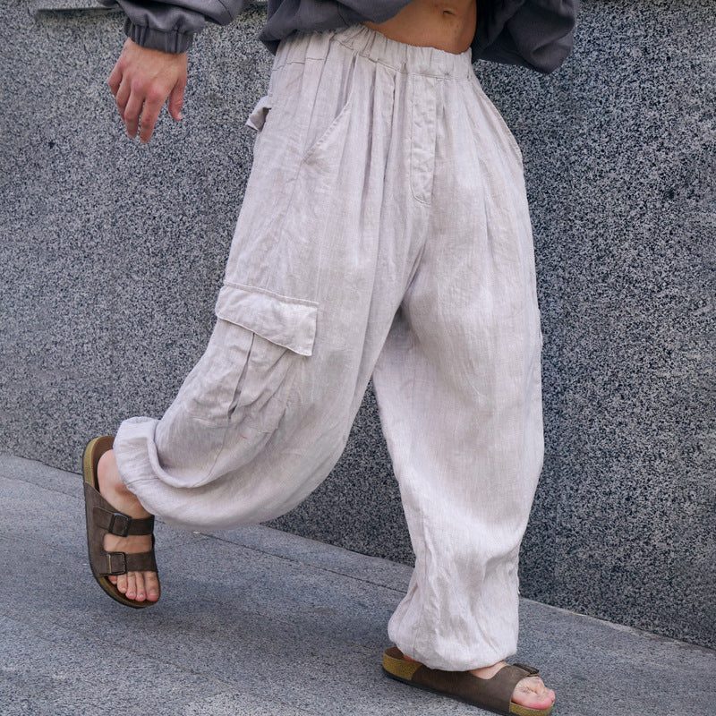 Linen Cargo Trousers with Wide Leg for Men