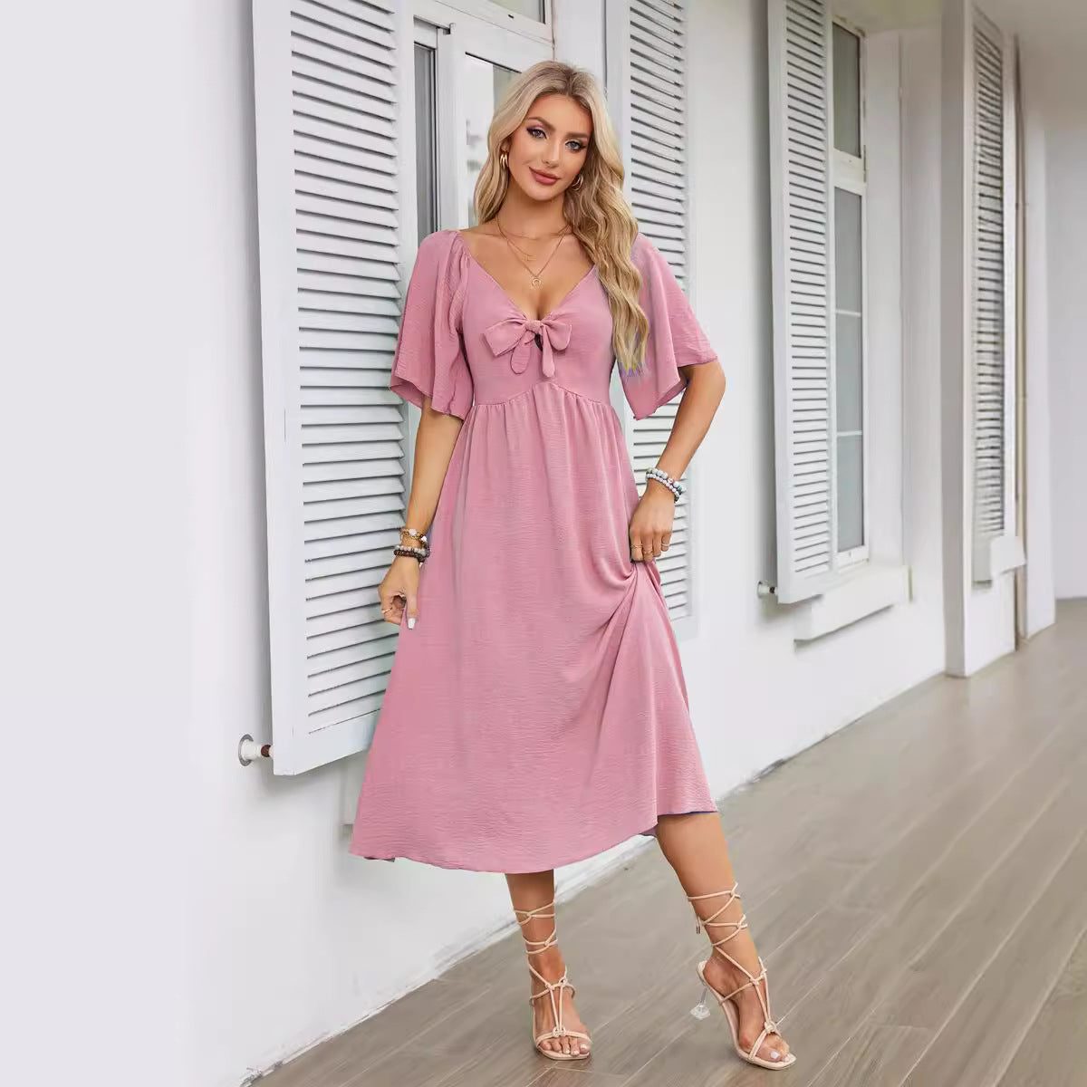 V-Neck Tie Front Wedding Guest Midi Dress for Women - View 4