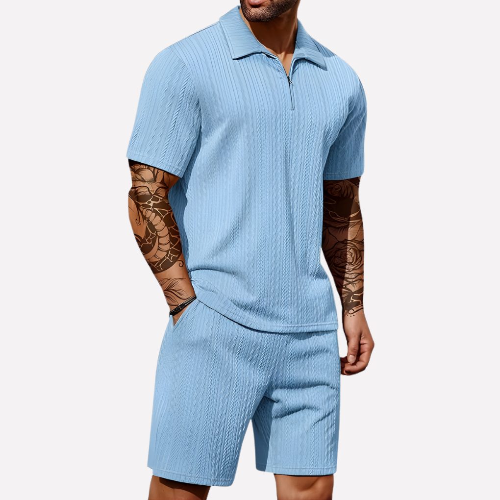 Ribbed Knit Polo Shirt and Shorts Set for Men - Light Blue