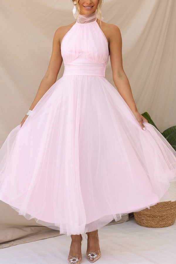Halterneck Wedding Guest Tulle Maxi Dress for Women - Pink