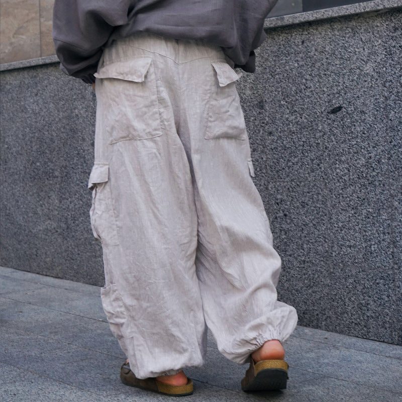 Linen Cargo Trousers with Wide Leg for Men - View 4