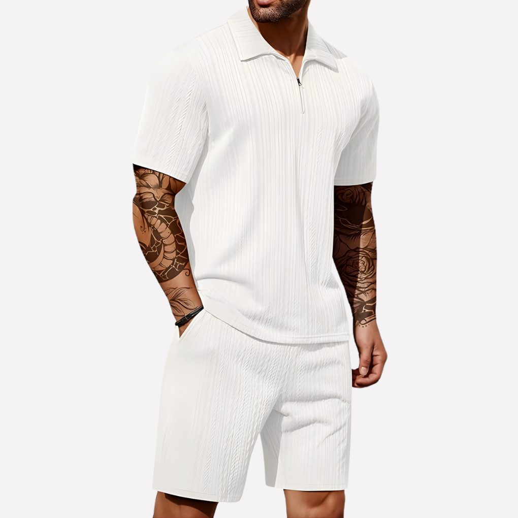 Ribbed Knit Polo Shirt and Shorts Set for Men - White