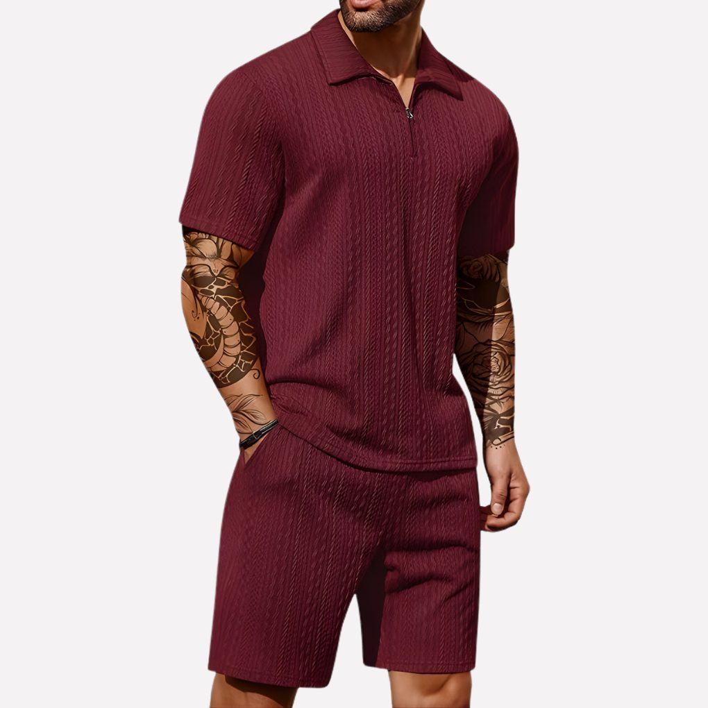 Ribbed Knit Polo Shirt and Shorts Set for Men - Wine Red