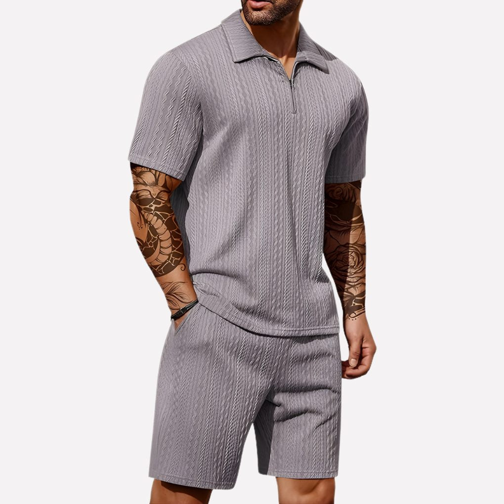 Ribbed Knit Polo Shirt and Shorts Set for Men - Grey