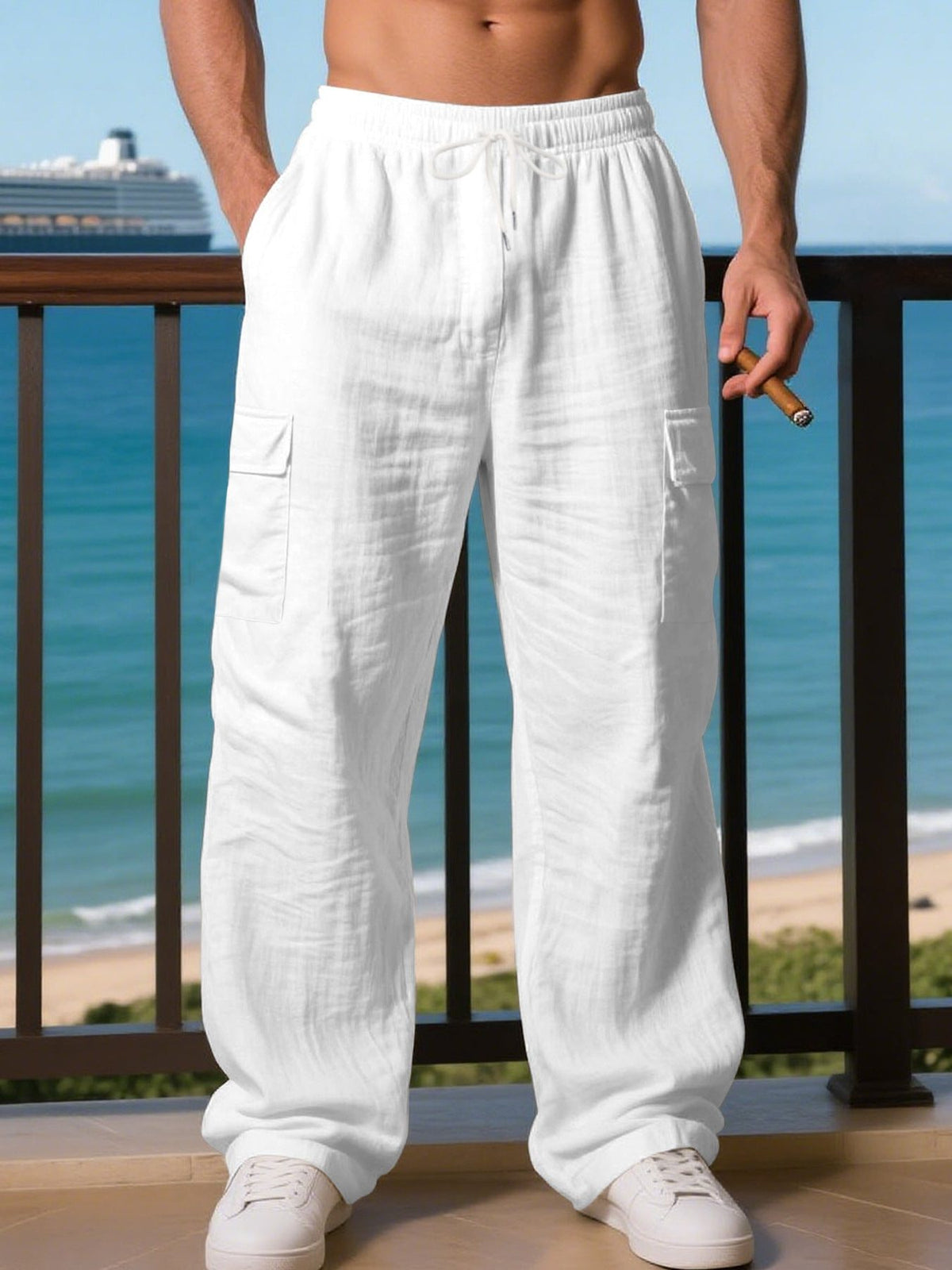 Linen Cargo Trousers with Drawstring Waist for Men - White