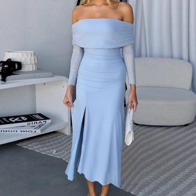 Off-Shoulder Wedding Guest Maxi Dress with Side Slit for Women
