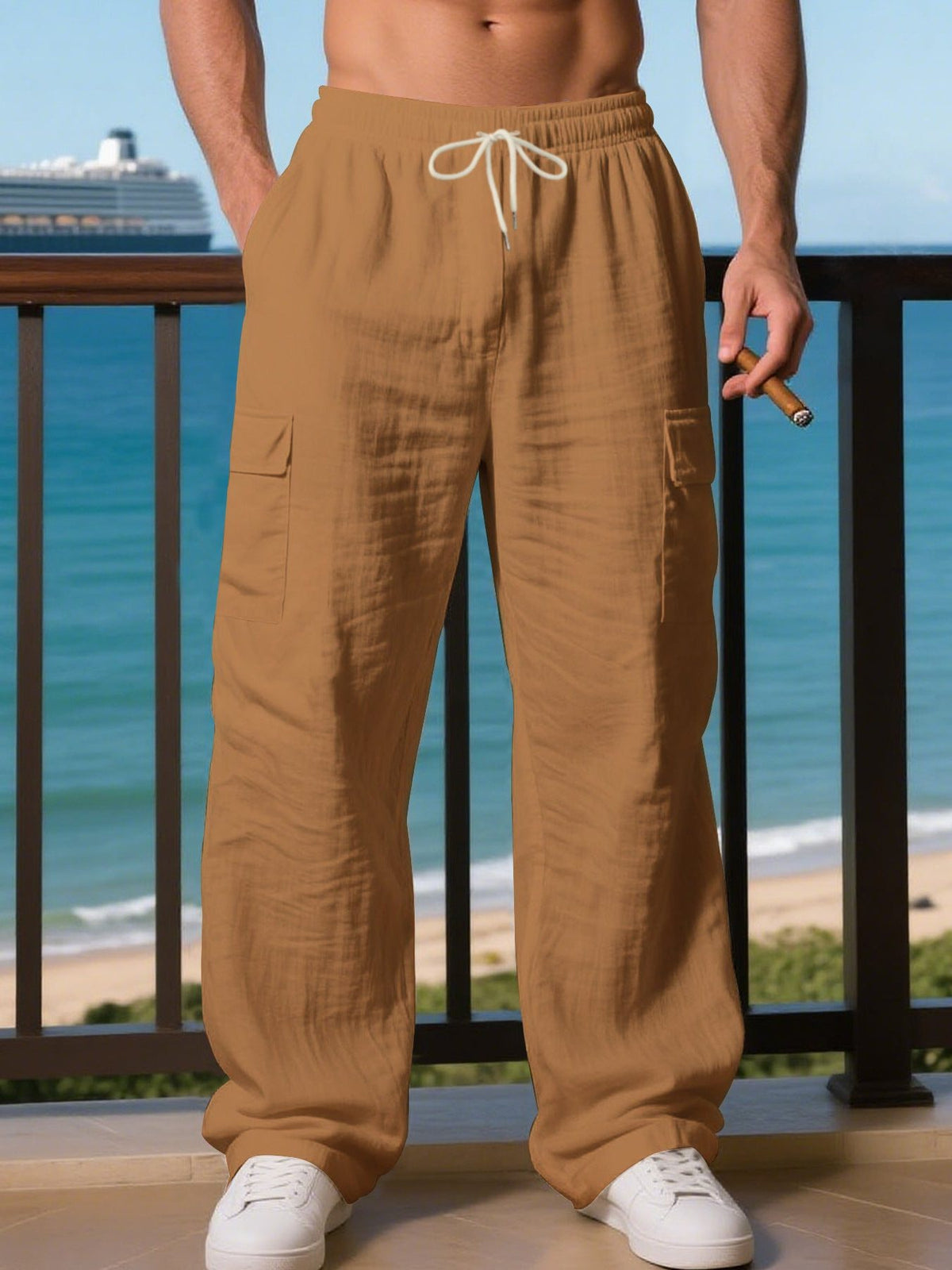 Linen Cargo Trousers with Drawstring Waist for Men - Beige