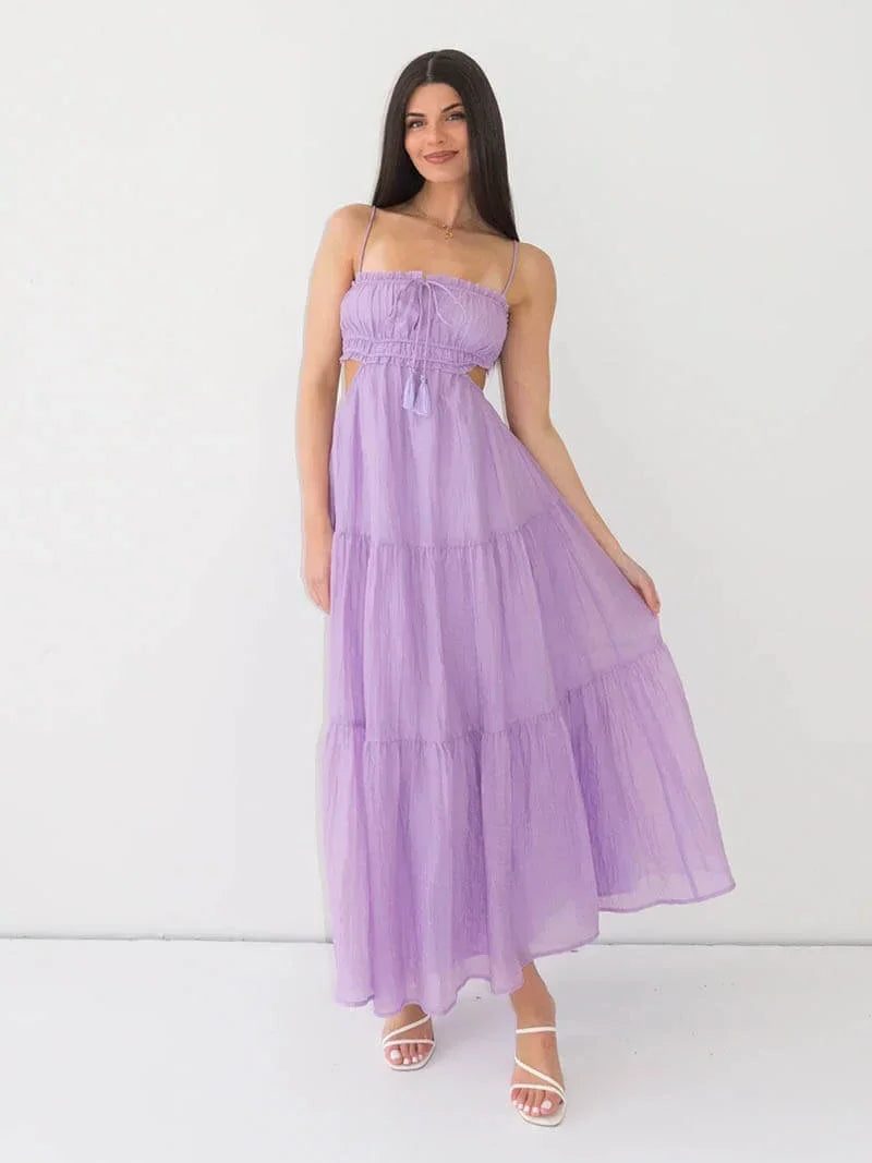 Wedding Guest Tiered Midi Dress with Thin Straps for Women - Purple