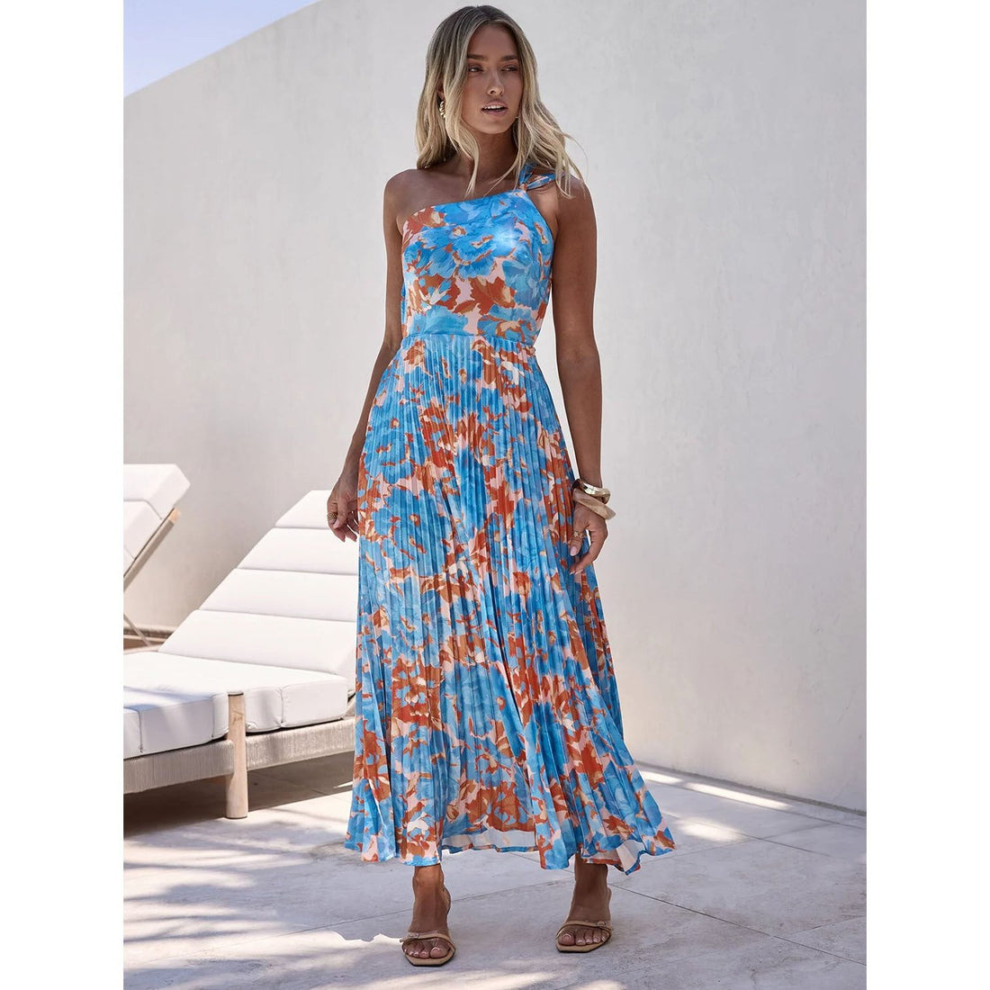 Halterneck Wedding Guest Pleated Floral Maxi Dress for Women