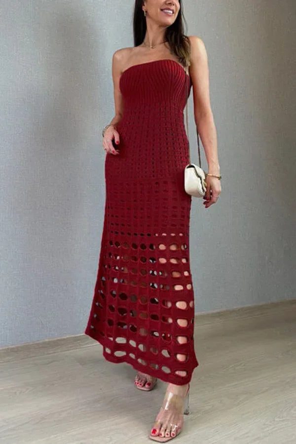 Strapless Openwork Wedding Guest Maxi Dress for Women - Wine Red