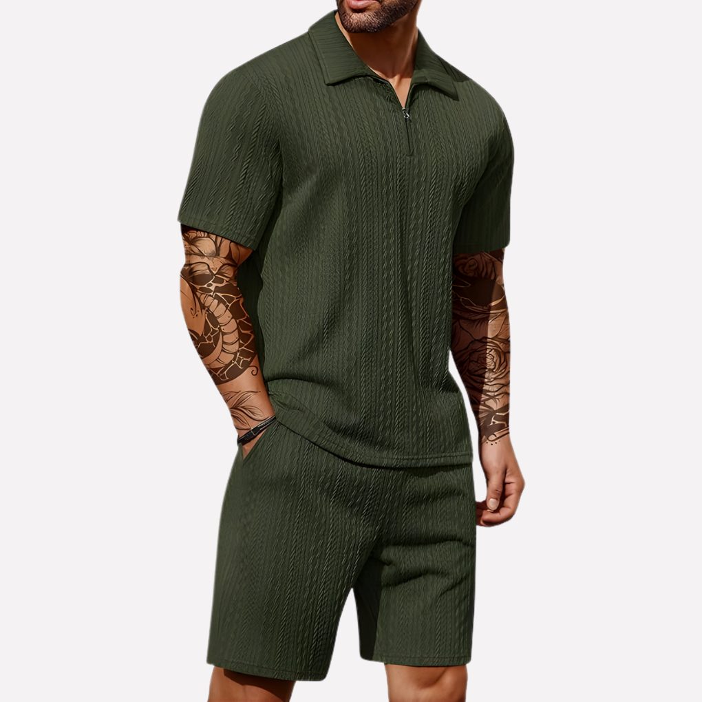 Ribbed Knit Polo Shirt and Shorts Set for Men