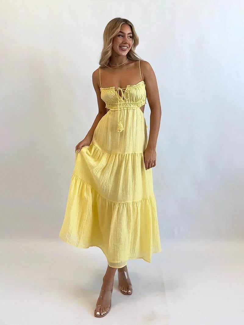 Wedding Guest Tiered Midi Dress with Thin Straps for Women