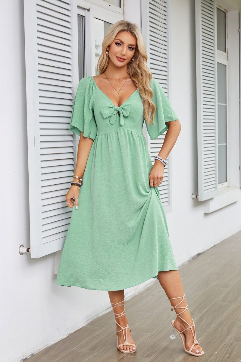 V-Neck Tie Front Wedding Guest Midi Dress for Women