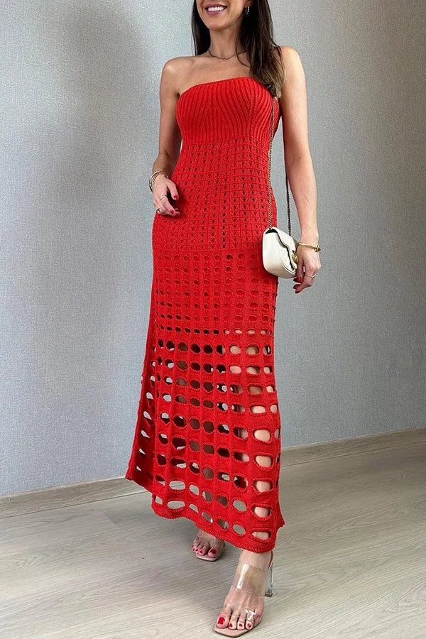 Strapless Openwork Wedding Guest Maxi Dress for Women - Red