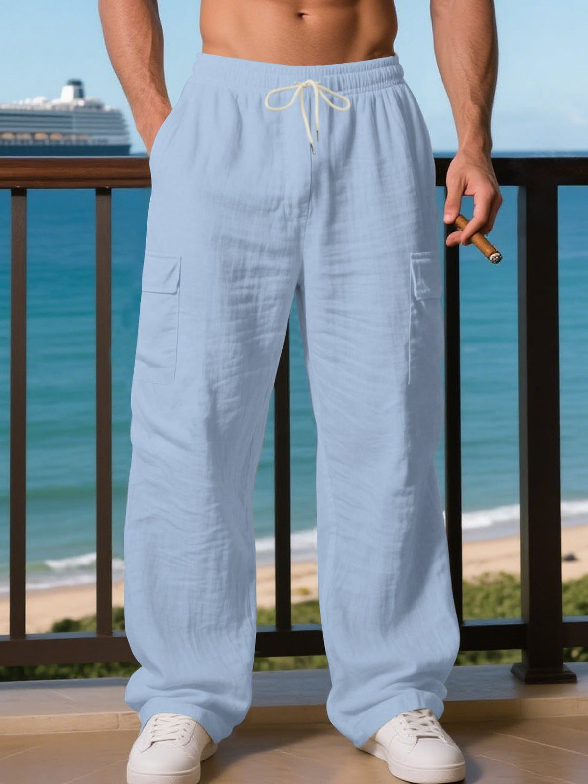 Linen Cargo Trousers with Drawstring Waist for Men - Light Blue