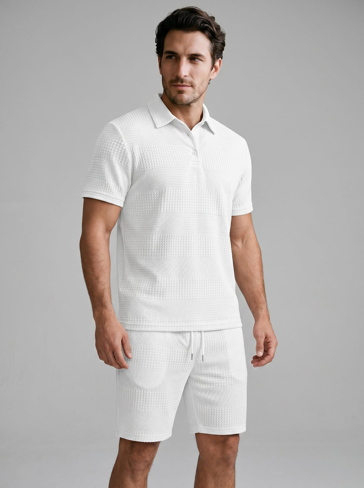 Textured Knit Polo Shirt and Shorts Set for Men