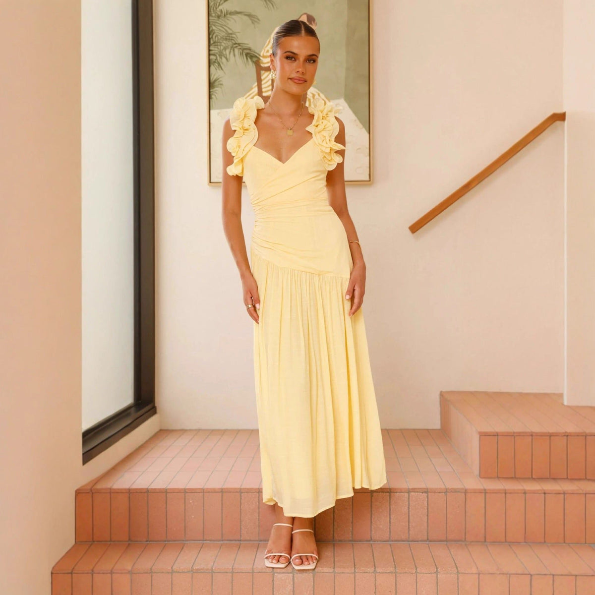 Ruffle V-Neck Floral Maxi Dress Wedding Guest for Women - View 3