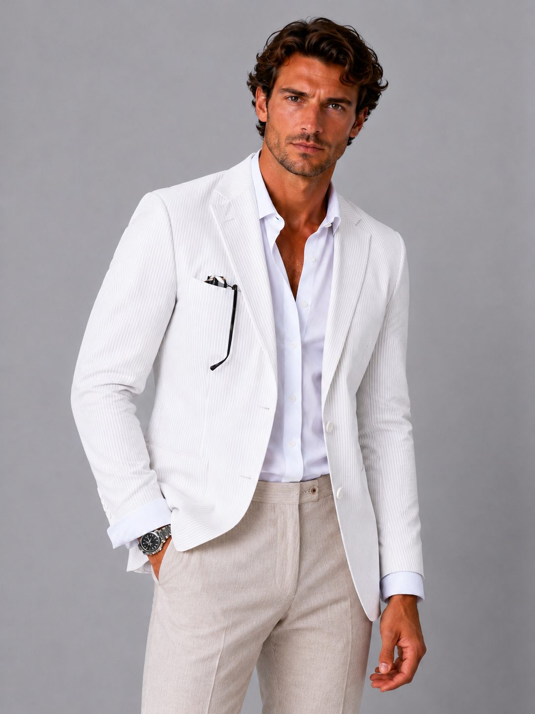 Striped Seersucker Blazer for Men - White