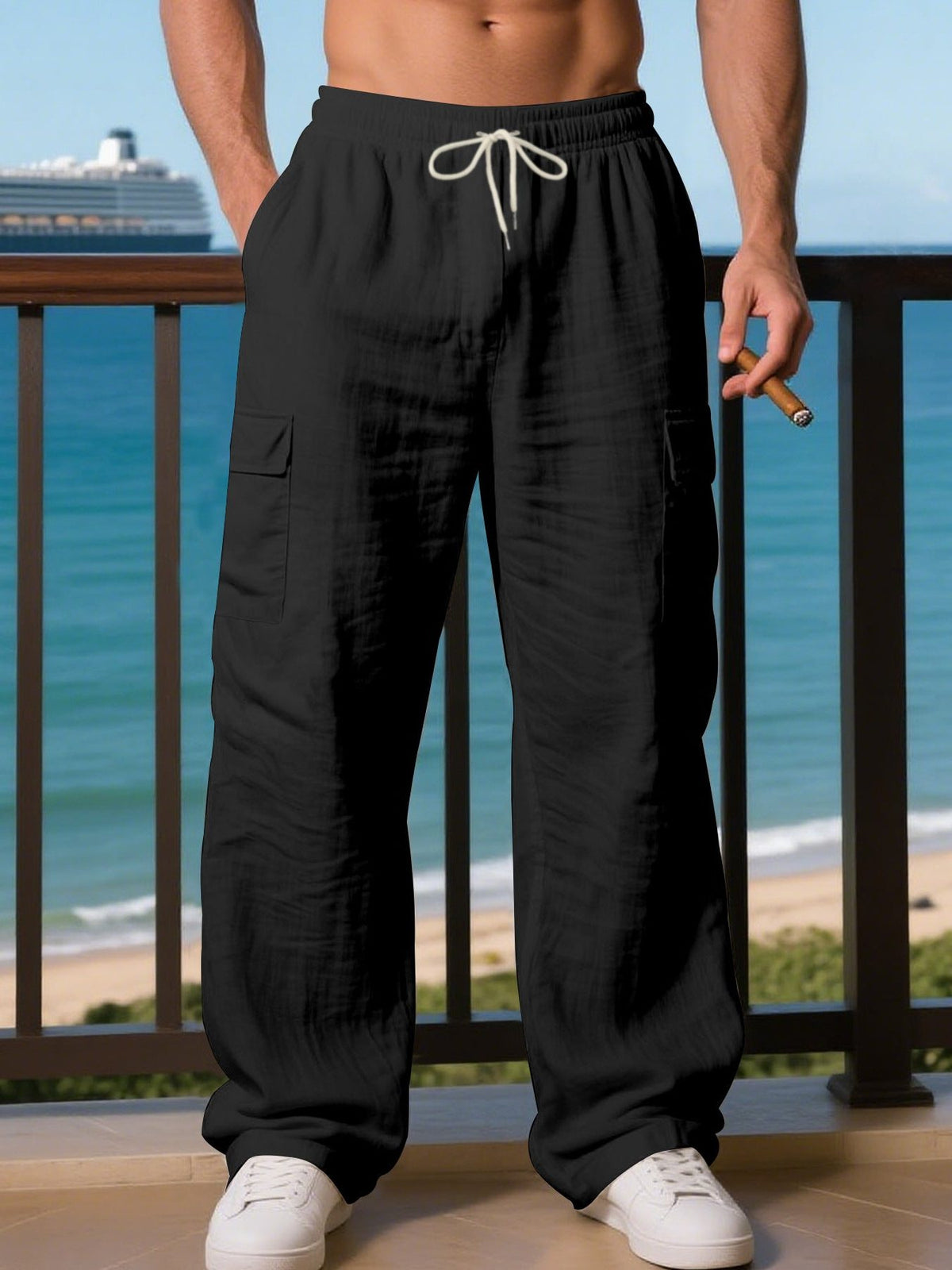 Linen Cargo Trousers with Drawstring Waist for Men - Black