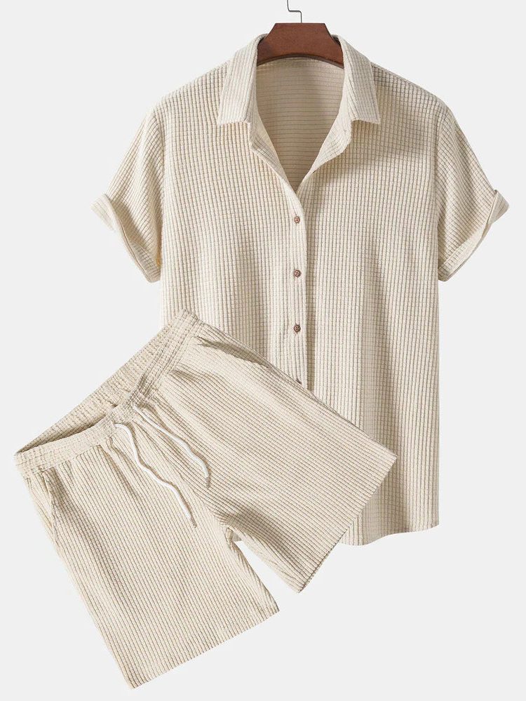 Ribbed Knit Short Sleeve Shirt and Shorts Set for Men