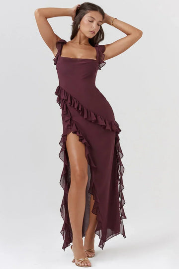 Ruffled Square Neck Wedding Guest Maxi Dress for Women - Burgundy