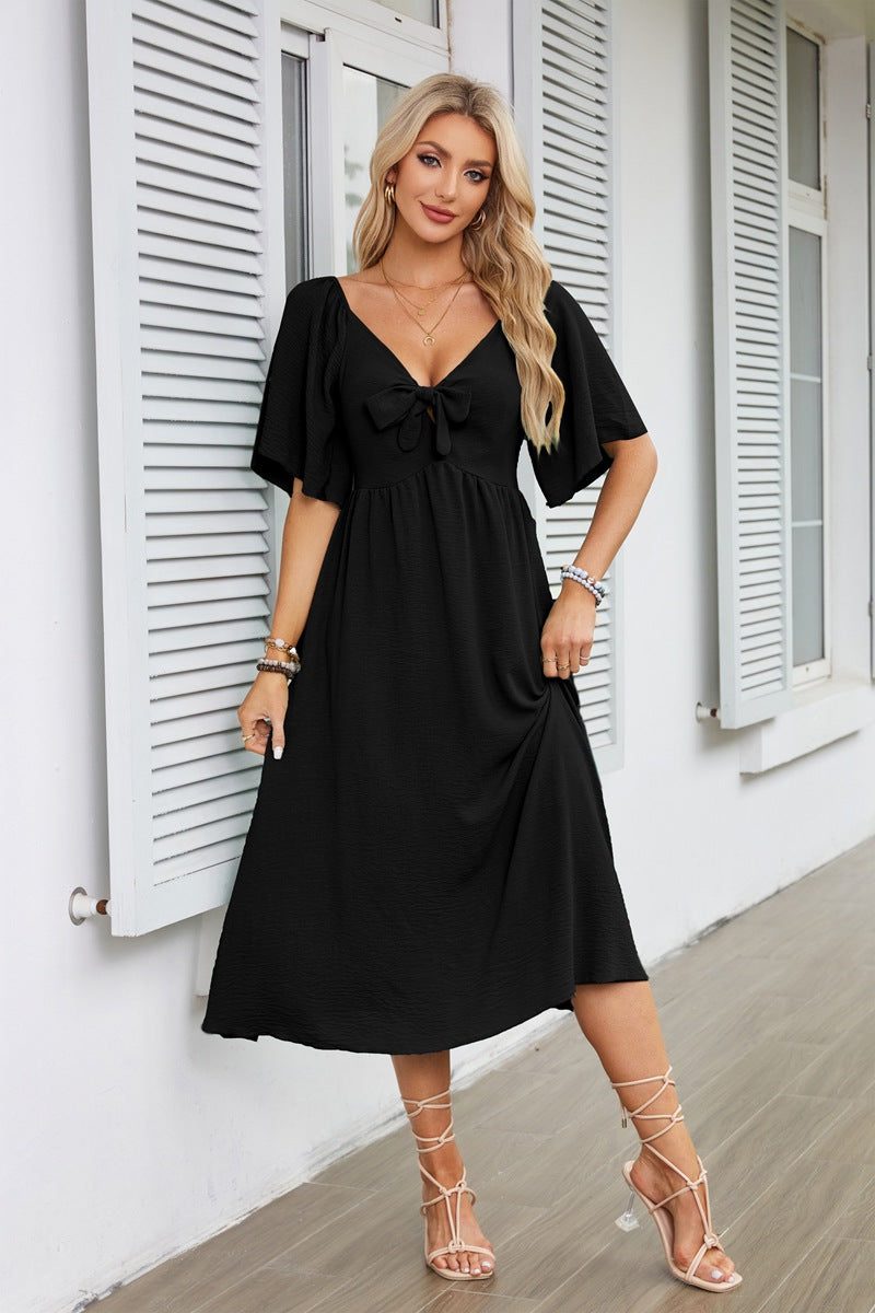 V-Neck Tie Front Wedding Guest Midi Dress for Women - Black