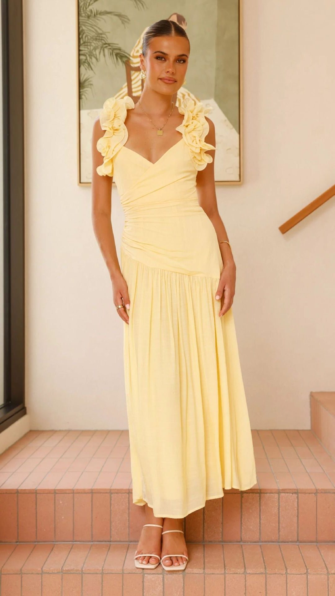 Ruffle V-Neck Floral Maxi Dress Wedding Guest for Women - Yellow