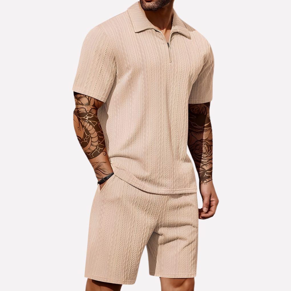 Ribbed Knit Polo Shirt and Shorts Set for Men - Light Khaki