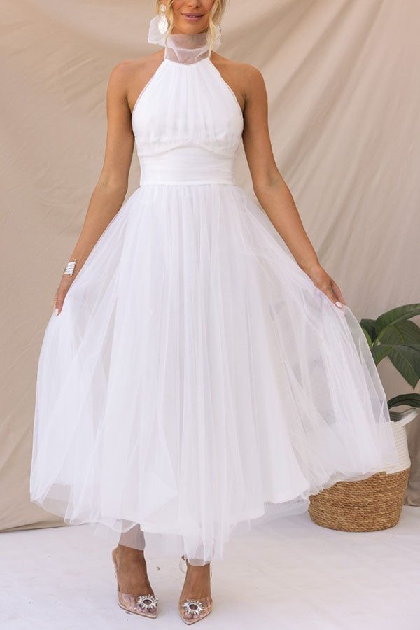 Halterneck Wedding Guest Tulle Maxi Dress for Women - White