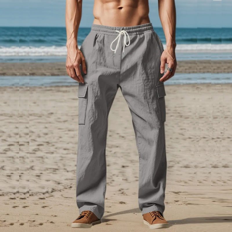 Linen Cargo Trousers with Straight Leg for Men - Grey