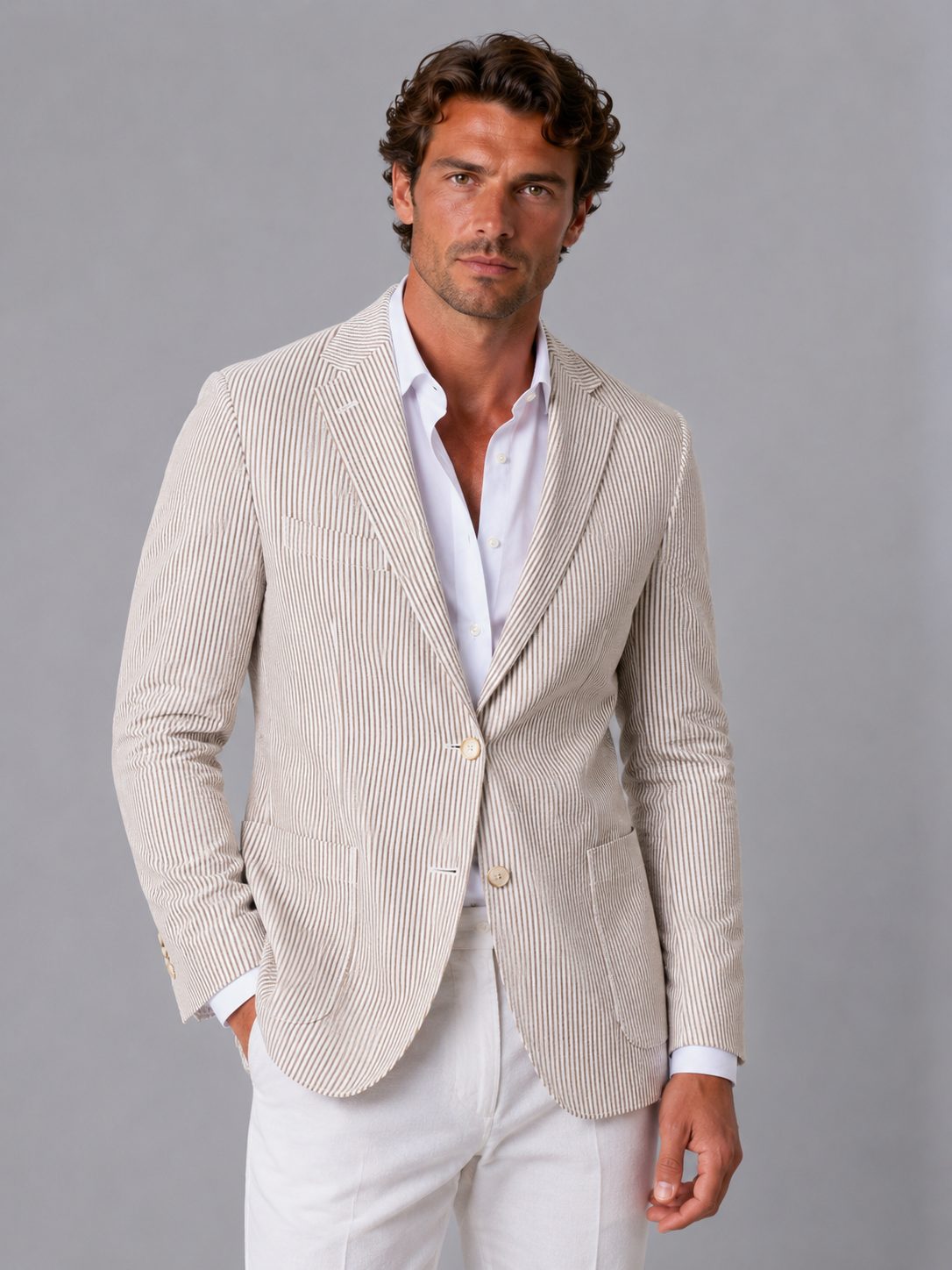 Striped Seersucker Blazer for Men - Khaki