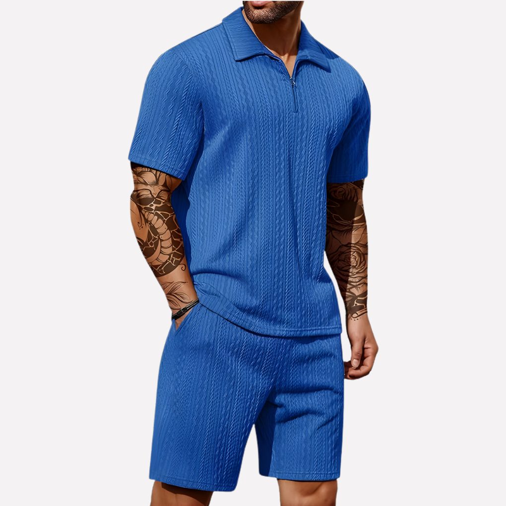 Ribbed Knit Polo Shirt and Shorts Set for Men - Blue