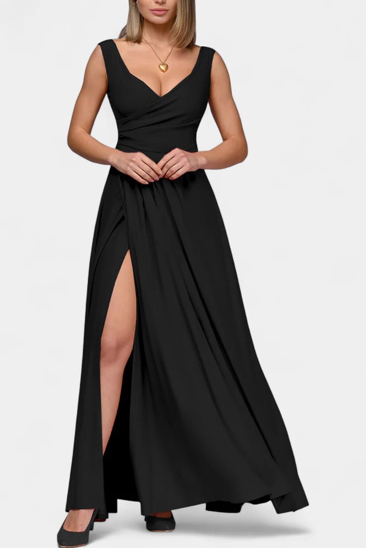 V-Neck Wrap Maxi Dress with Side Split for Women - Black
