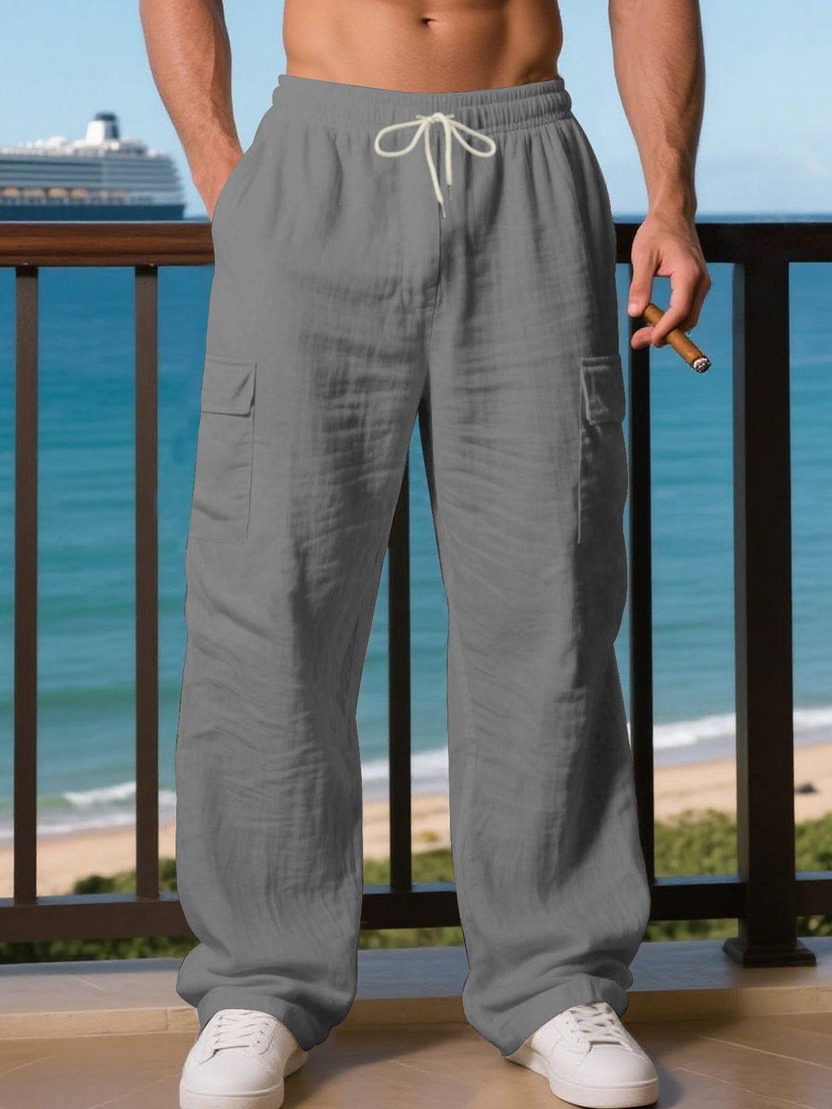 Linen Cargo Trousers with Drawstring Waist for Men - Grey
