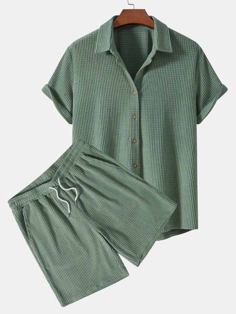 Ribbed Knit Short Sleeve Shirt and Shorts Set for Men - Green