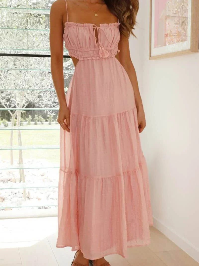 Wedding Guest Tiered Midi Dress with Thin Straps for Women - Pink