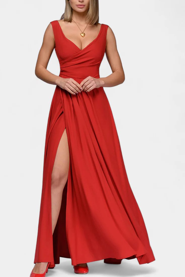 V-Neck Wrap Maxi Dress with Side Split for Women - Red