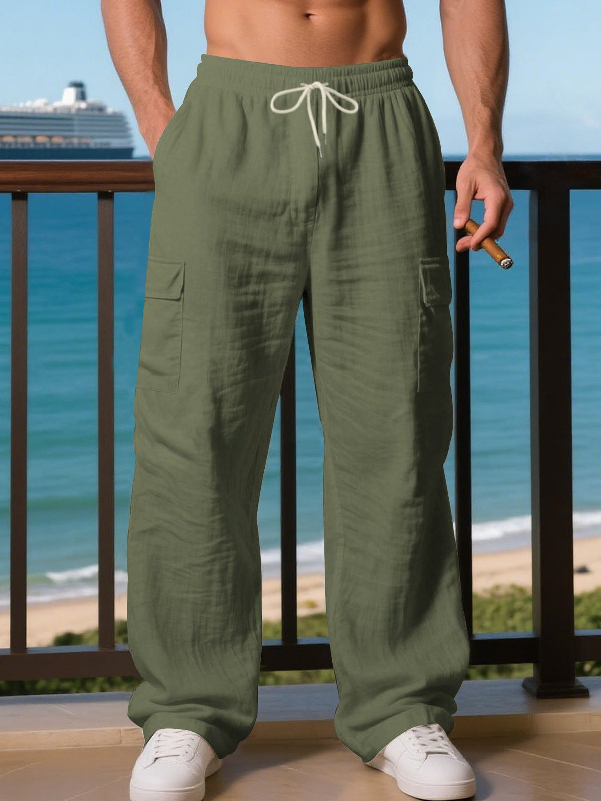 Linen Cargo Trousers with Drawstring Waist for Men - Olive Green