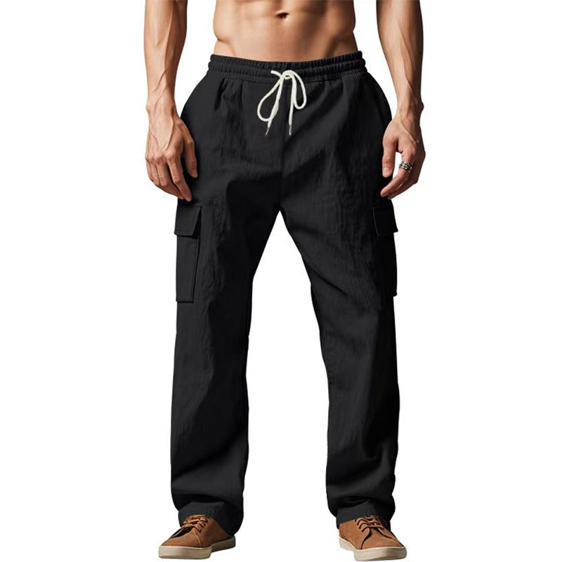 Linen Cargo Trousers with Straight Leg for Men - Black