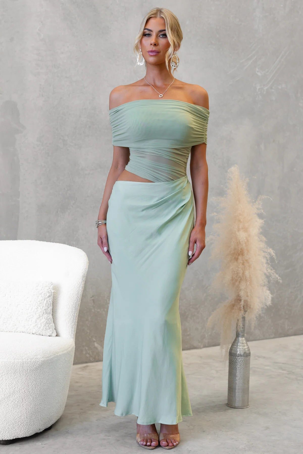 Off-Shoulder Wedding Guest Maxi Dress for Women - Light green