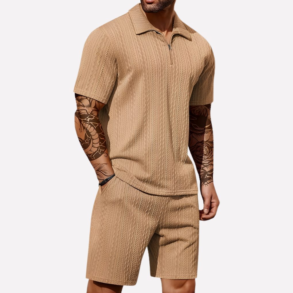 Ribbed Knit Polo Shirt and Shorts Set for Men - Khaki