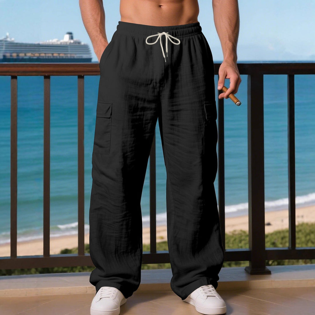 Linen Cargo Trousers with Drawstring Waist for Men - View 2