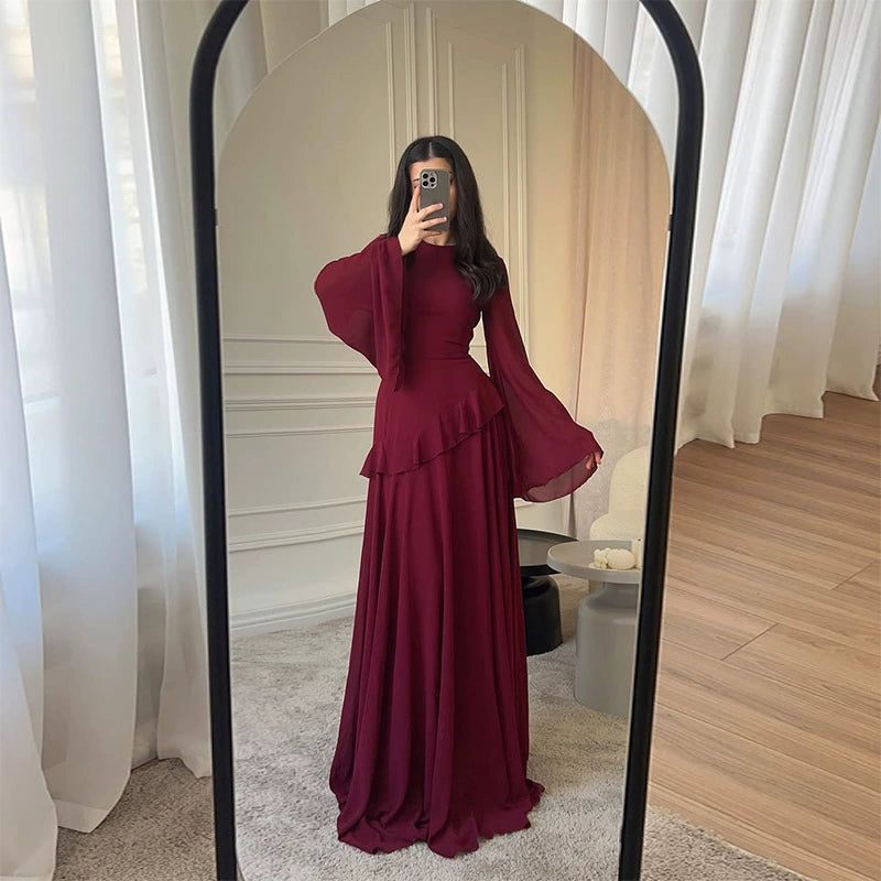 Bell Sleeve Tiered Maxi Dress Wedding Guest for Women - Burgundy