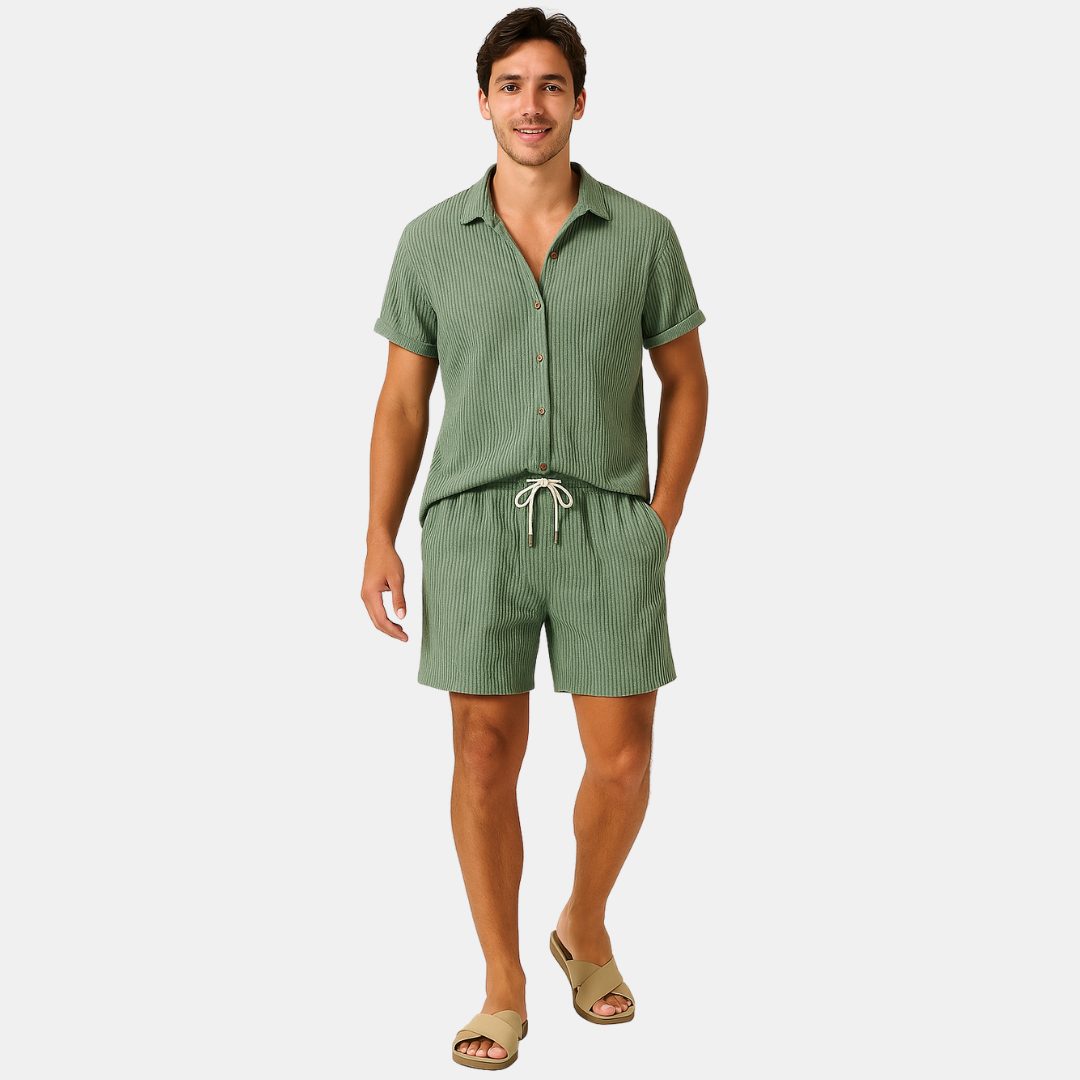 Ribbed Knit Short Sleeve Shirt and Shorts Set for Men - View 3
