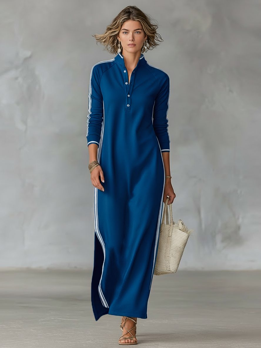 Collar Stand Maxi Shirt Dress for Women - Royal Blue