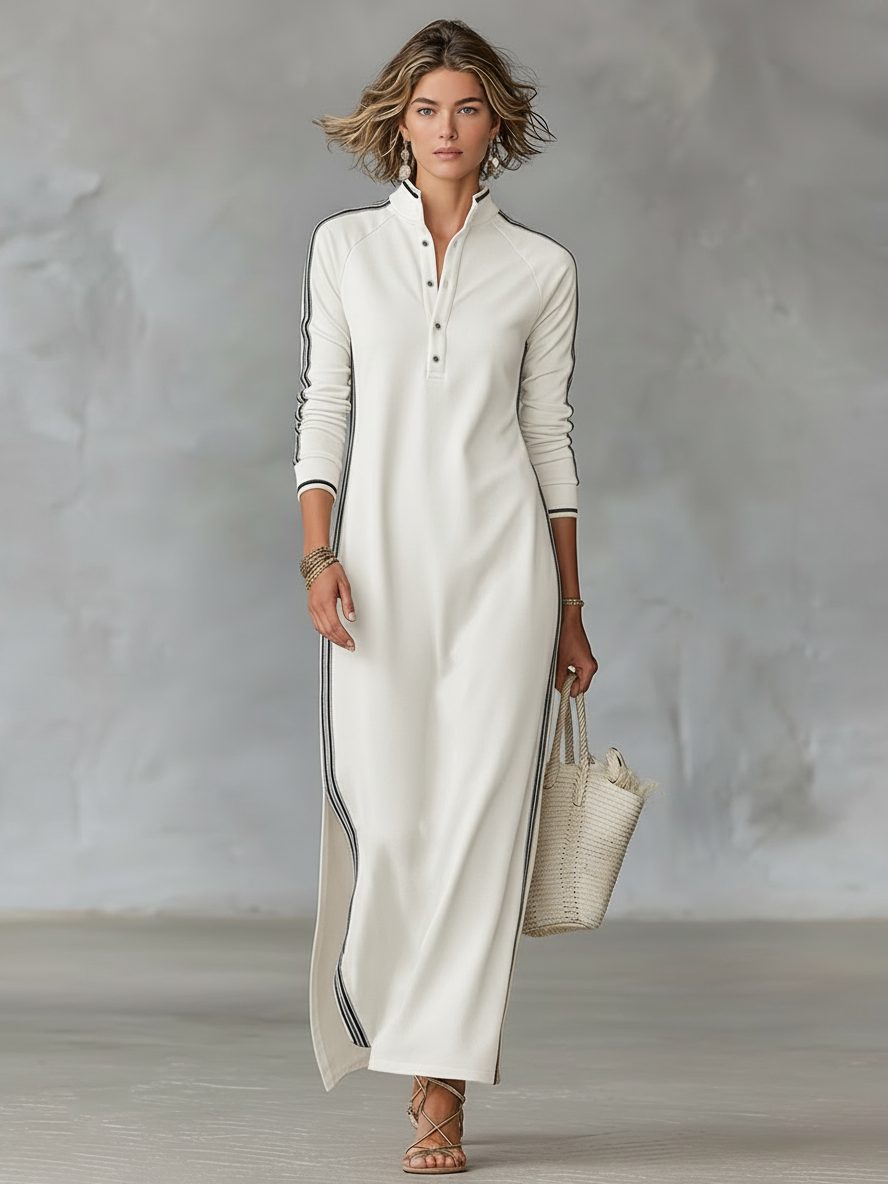 Collar Stand Maxi Shirt Dress for Women - White