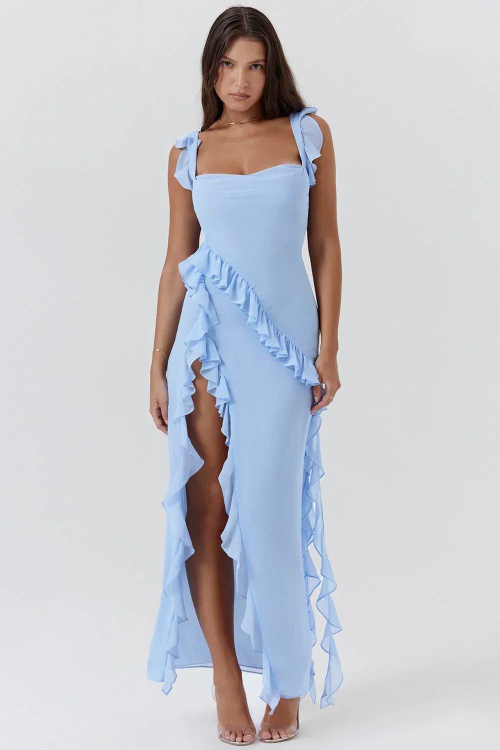 Ruffled Square Neck Wedding Guest Maxi Dress for Women - Blue