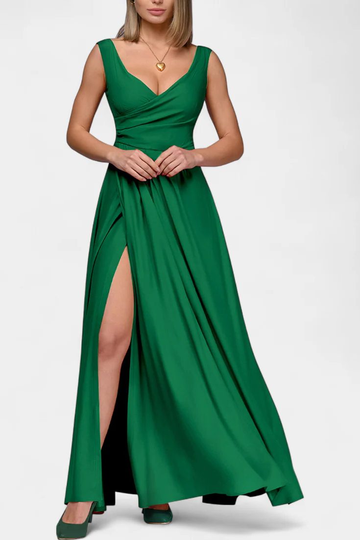 V-Neck Wrap Maxi Dress with Side Split for Women - Green